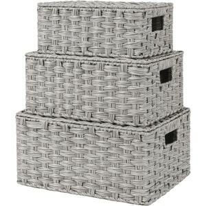 GRANNY SAYS Wicker Storage Baskets, Decorative Boxes with Lids, Set of 3 Nesting Wicker Baskets for Organizing, Gray, 3-Pack