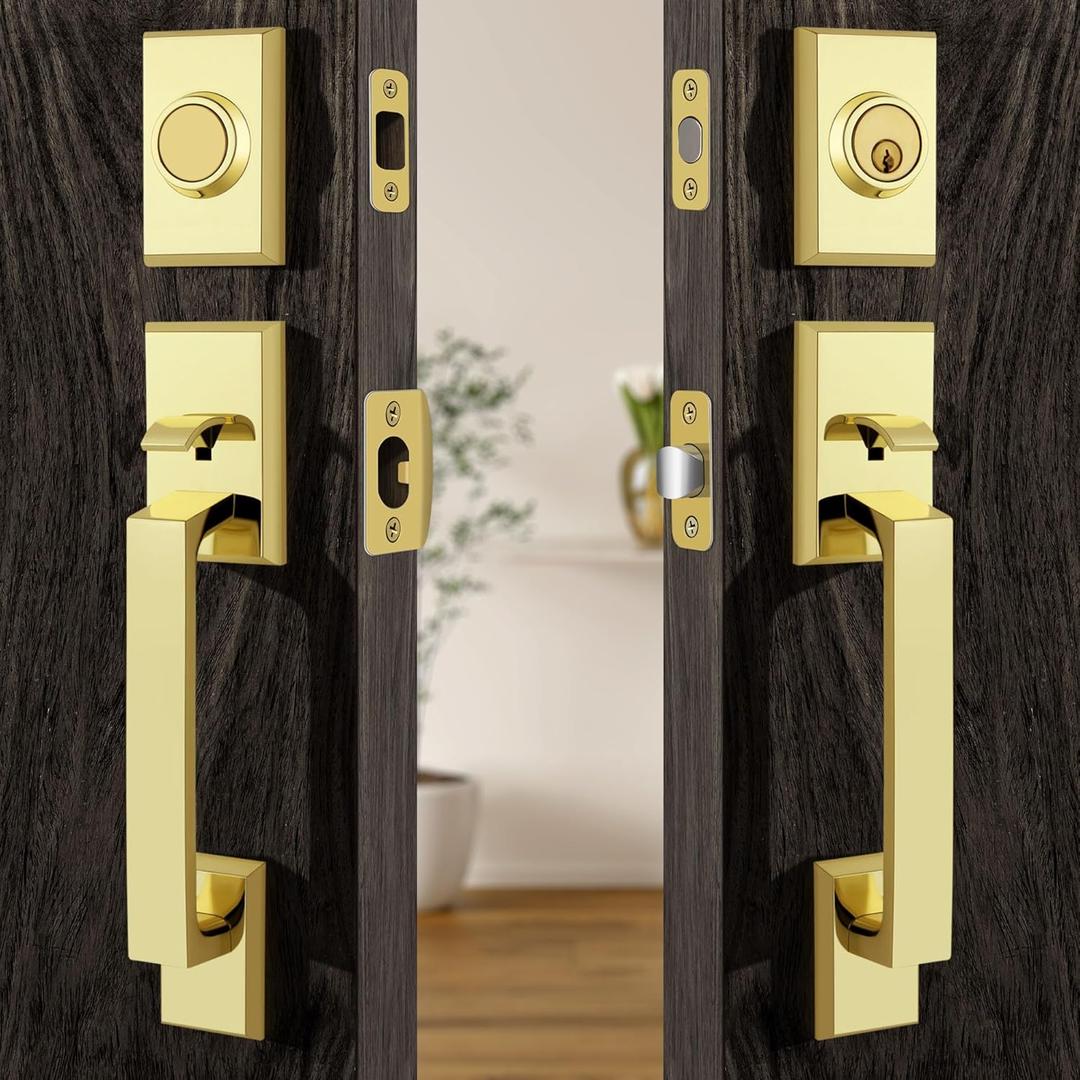 Moquin Double Front Door Lock Set, Polished Brass Square Front Door Hardware Set with Dummy, Heavy Duty Door Handle with Deadbolt, Double Entry Door Lock Set with Reversible Handle