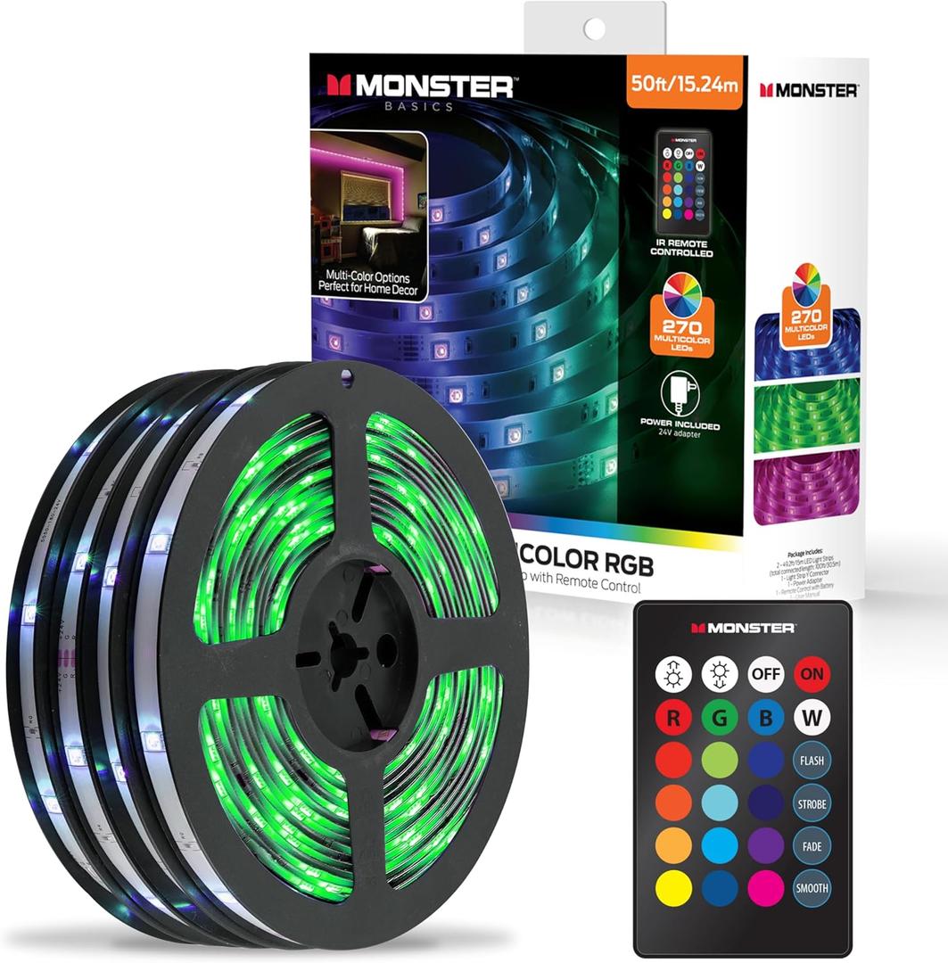 Monster 50 Foot RGB LED Light Strip with Remote Control, 270 RGB LEDs, Adhesive Backing, Coated for Moisture Protection, Dimmable, 24V Plug, 4 Modes Including Strobe, Flash, Fade & Smooth