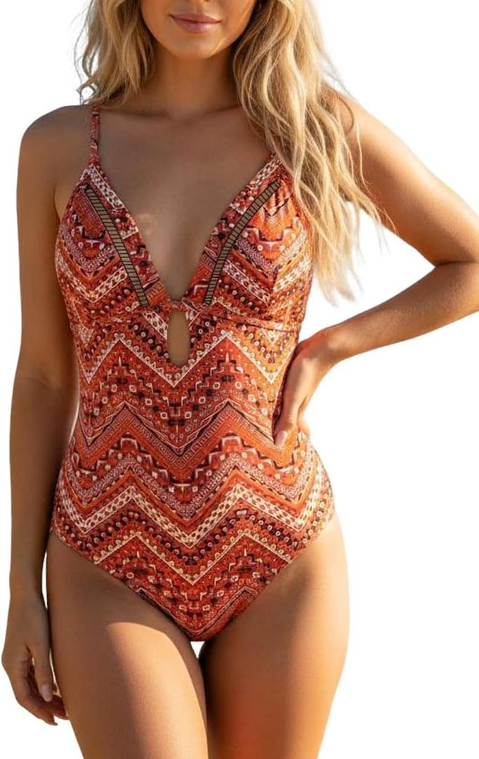 LIZENS Women's Halter Neck Swimsuit One Piece V-Neck Swimwear Ethnic