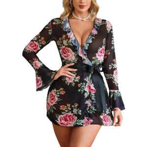 Avidlove Mesh Lingerie Robe Sets Long Sleeve Kimono Nighty With Thong | Sexy, Long Sleeve, Soft, Sheer Mesh, Robe with Thong, Ruffle Bell Sleeves (Black, M)