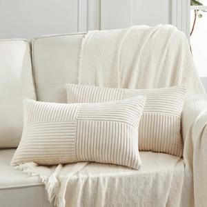 Fancy Homi Cream Lumbar Decorative Throw Pillow Covers 12x20 Inch for Living Room Couch Bed Sofa, Rustic Farmhouse Boho Home Decor, Soft Striped Corduroy Rectangle Accent Cushion Case 30x50 cm