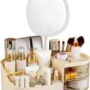 DASITON Makeup Organizer with Rechargeable Mirror,Makeup Brush Holder with 2 Drawers,Skincare and Cosmetics Organizer Countertop,Large Capacity Cosmetic Display Case for Vanity,Bedroom,Bathroom(Cream)