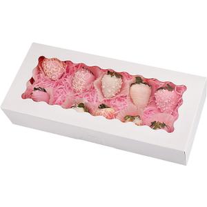 Tcoivs 20-Pack Cookie Boxes with Window, 12.5" x 5.5" x 2.5", White Bakery Boxes, Auto-Popup Treat Boxes for Pastries, Strawberries
