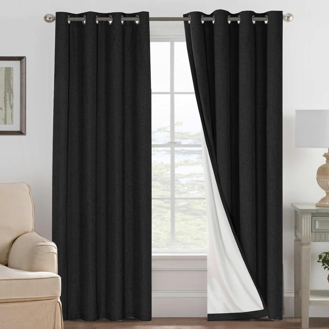 H.VERSAILTEX Bedroom Curtains Blackout Linen Blackout Curtains 84 Inches Long, 100% Blackout Thermal Textured Linen Look Curtain Draperies Grommet with White Liner, 2 Panels, Black