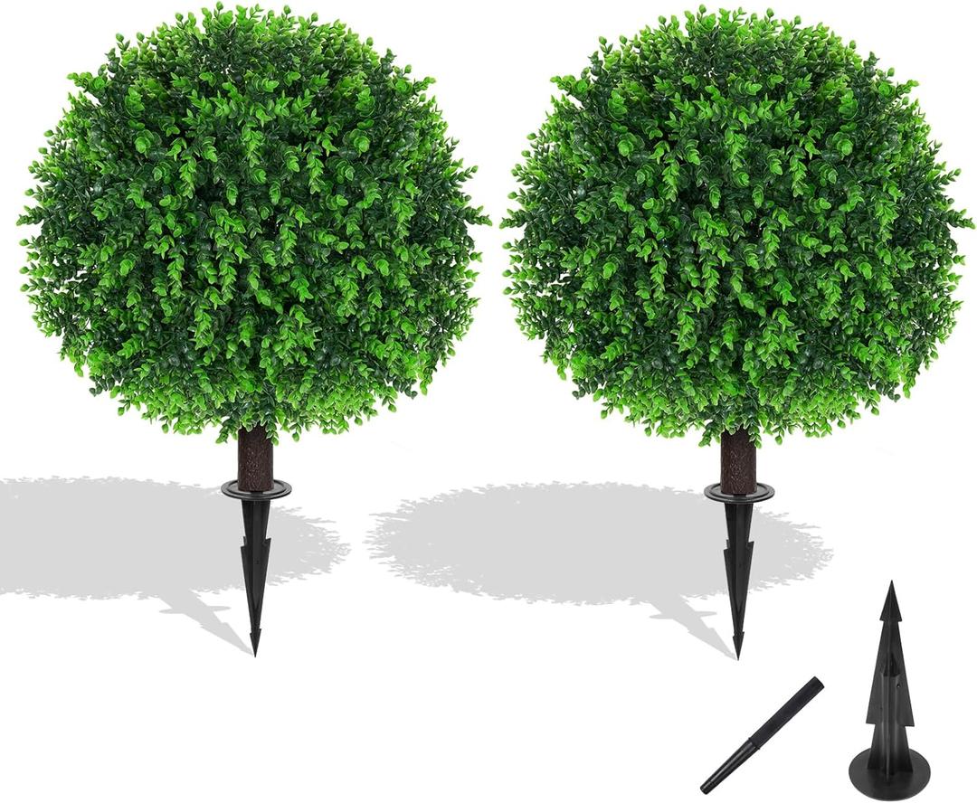 Grooy Artificial Topiary Tree with Eucalyptus, Set of 2 Artificial Shrub Bushes with Ground Spike, Fake Evergreen Tree for Porch, Artificial Plants for Outdoor Planters Indoor UV Resistant