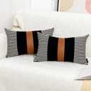 Vfuty Set of 2 Boho Decorative Throw Pillow Covers 18x18 Inch Farmhouse Stripe Pillow Case, Faux Leather Modern Cushion Cover for Living Room Couch Bed Natural Decor Pillowcase Black and Brown