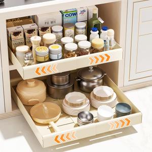 Pull Out Cabinet Organizer, Expandable(12.4"-19.3") Adjustable Slide out Drawer Organizer for Kitchen Cabinets, Roll Out Shelf Storage with Adhesive Nano Film for Kitchen Cabinet Organization (White)