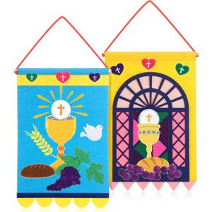 Oudain 2 Sets 12 x 18 Inch First Communion Banner Kit for Boys Girls Catholic Christian Religious Crafts Felt Banner DIY Pew Decoration Holy Communion Gifts for Church Sunday School Crafts Art Decor