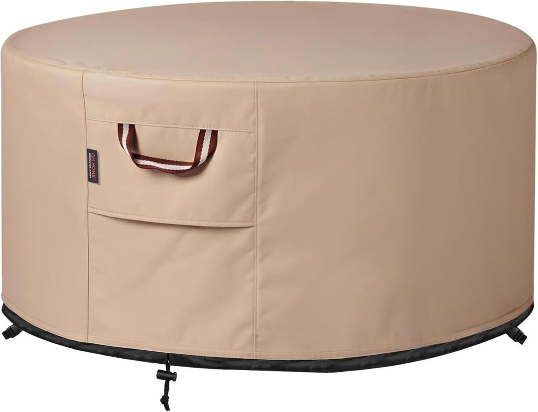 QH.HOME Fire Pit Cover Round-41-44 Inch Heavy Duty 900D Strong Tear-Resistant and UV Resistant and Waterproof and Fading Resistant Material Polyester Firepit Covers Round for Outdoor Fire Pit-Wheat