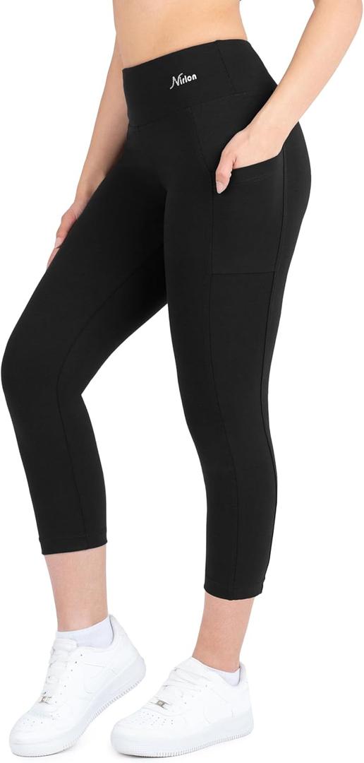 Nirlon Capri Leggings with Pockets - Capri Leggings with Pockets for Women Breathable High Waisted Capri Leggings for Women (14-16, Black)