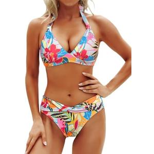 Yonique Women Two Piece Bathing Suits Push Up Bikini Set Halter Swimsuit Vintage Swimwear M