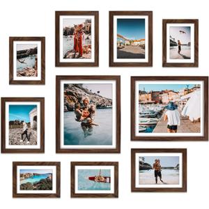 Giftgarden Brown Picture Frames with Mat for Multiple Sizes Photos, Four 4x6, Four 5x7, Two 8x10, Assorted Gallery Frame Collage for Wall or Tabletop, Set of 10