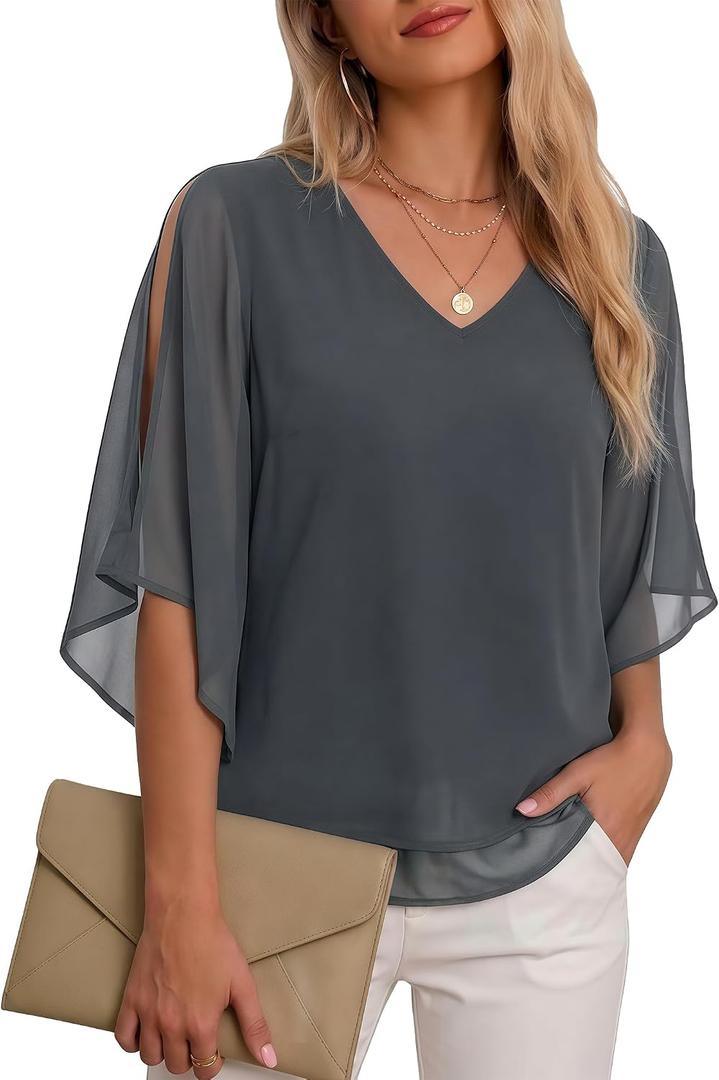 Uhiger Chiffon Blouses for Women V Neck Dressy Casual 3/4 Sleeve Tops 2026 Summer Vacation Double Layers Outfits (XXXL)