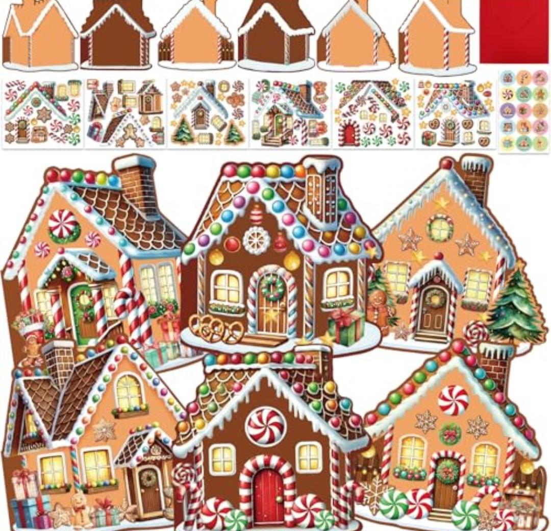 4 x Treasure Cove Christmas Gingerbread Cards Craft Kit DIY Gingerbread House Card Christmas Crafts Kit Make Your Own Gingerbread House Decoration with Stickers for Kids Xmas Holiday Party Decor Supplies 12Pcs
