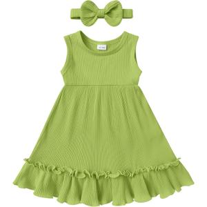 YOUNGER TREE Toddler Girl Summer Sundress Sleeveless Casual Dress Ruffle Hem Cotton Solid Outfits with Bowknot (Green)