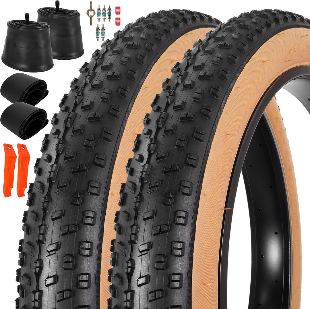 Set of 26x4.0 Fat Tire and Tube, Puncture Resistant Folding Bike Tire Set 102-559 Compatible with E-Bike Mountain Bike MTB Bicycle All-Terrain Directional Tread Sidewalls of Skin Color 33TPI