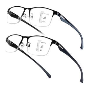SKYOAK 2 Pack Premium Quality Progressive Multifocus Half Frame Reading Glasses for Men, No-Line Blue Light Blocking Computer Readers Multifocal Eyeglasses with TR90 Temples, Black and Gunmetal +1.5x