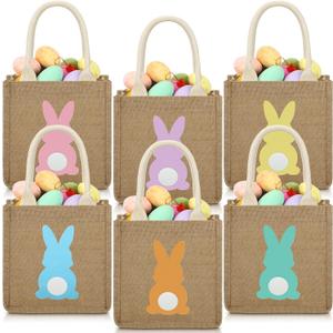 3 Pcs Easter Burlap Basket Bags Easter Jute Bunny Gifts Bag with Handle for Candy Egg Hunting, 7.9 x 7.9 x 4.3 Inch