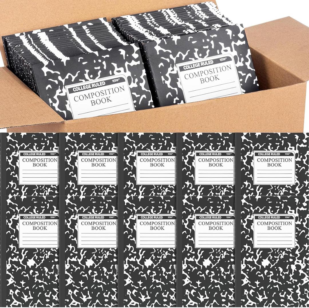 Fainne 200 Pack A5 Composition Notebooks Bulk College Ruled Composition Books Wide Ruled Write Notebooks Marble Covers Write Book for School Classroom Office Supplies(Black)