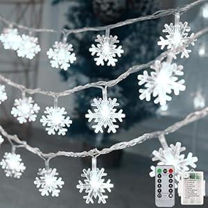 colcutee Christmas Snowflake Lights, 20ft 40LED 8 Modes & Timer Battery Operated Fairy Lights for Indoor/Outdoor Holiday Party Decorations (White)