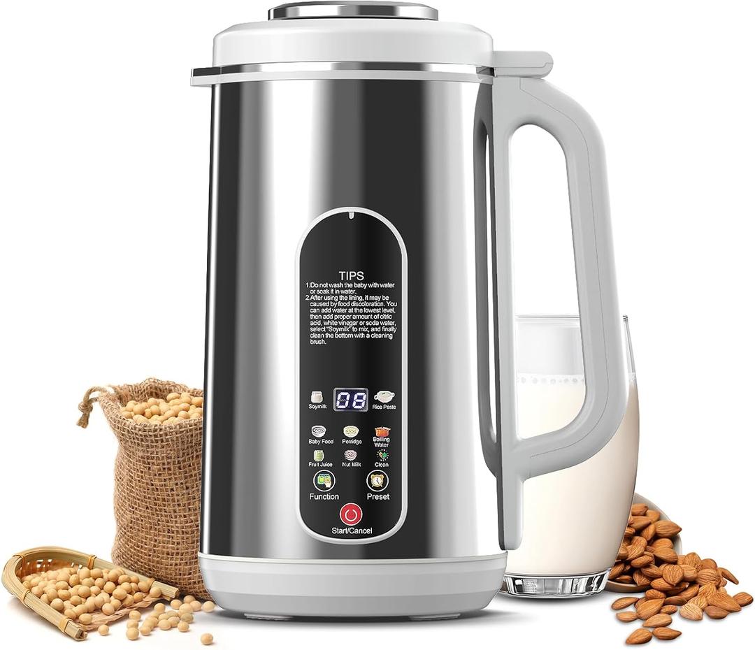 Stainless Steel Automatic Nut Milk Maker Machine, 40.5oz, 8 In 1 for Cashew, Oat, Coconut, Soy, Juice, and Dairy Free Beverages, with 24 Hours Timer (White)