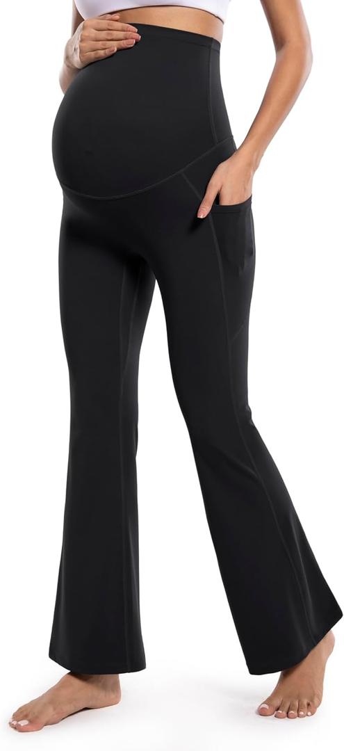 POSHDIVAH Women's Maternity Flare Leggings Over The Belly Pregnancy Workout Active Yoga Lounge Bootcut Pants with Pockets (Medium, Black)