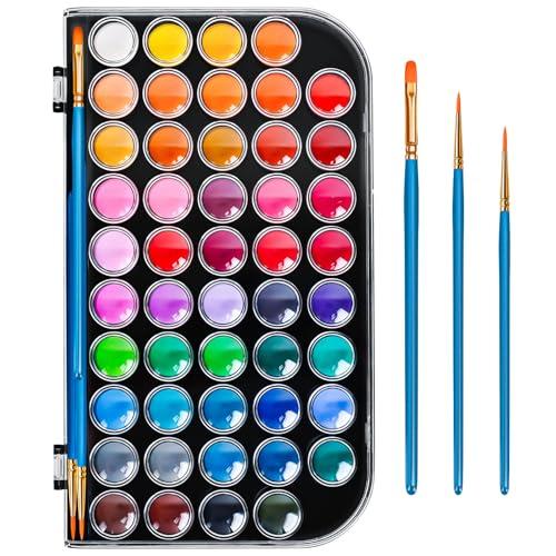 48 Color Solid Watercolor Paint Set with 3 Wooden Brushes - Non-Toxic, Vibrant & Washable Watercolor Kit for Artists, Children, Beginners, Kids - Portable Watercolor Painting Set for Travel & Studio