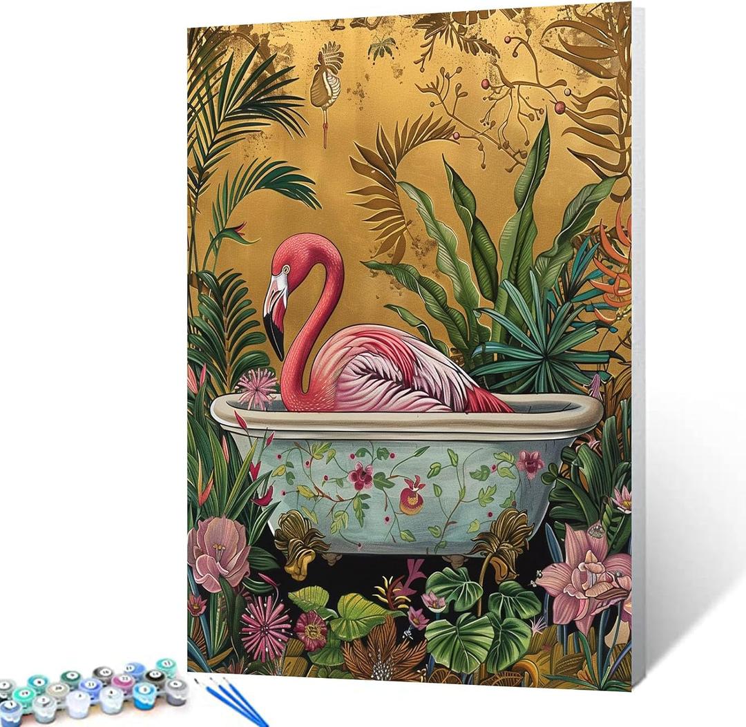 Animal in Bathtub Paint by Numbers for Adults Beginner Flower Bathtub DIY Digital Oil Painting Flamingo Watercolor Paint by Number for Beginner on Canvas Home Wall Decor Gifts 16x20 inch (Frameless)