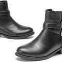 VJH confort Women's Ankle Boots, Round Toe Low Heel Comfort Elastic Booties with Side Zipper Buckle Strap (7.5, Black)