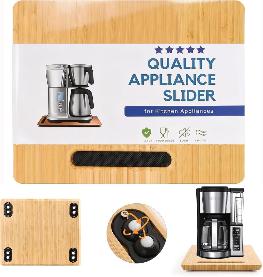 Fullin 360Appliance Slider, Bamboo Sliding Tray for Coffee Maker, Appliance Sliding for Kitchen Appliances Countertop Slides Easily from Under The Cabinet Rolling Tray with 360Rotation Rubber Wheels