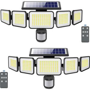 3000LM Solar Lights outdoor, 5 Adjustable Heads Solar Motion Sensor Lights, 236 LEDs 3 Brightness Mode, Waterproof Security Wall Lights, Remote Control Flood Lights for Graden, Backyard, 2 Pack