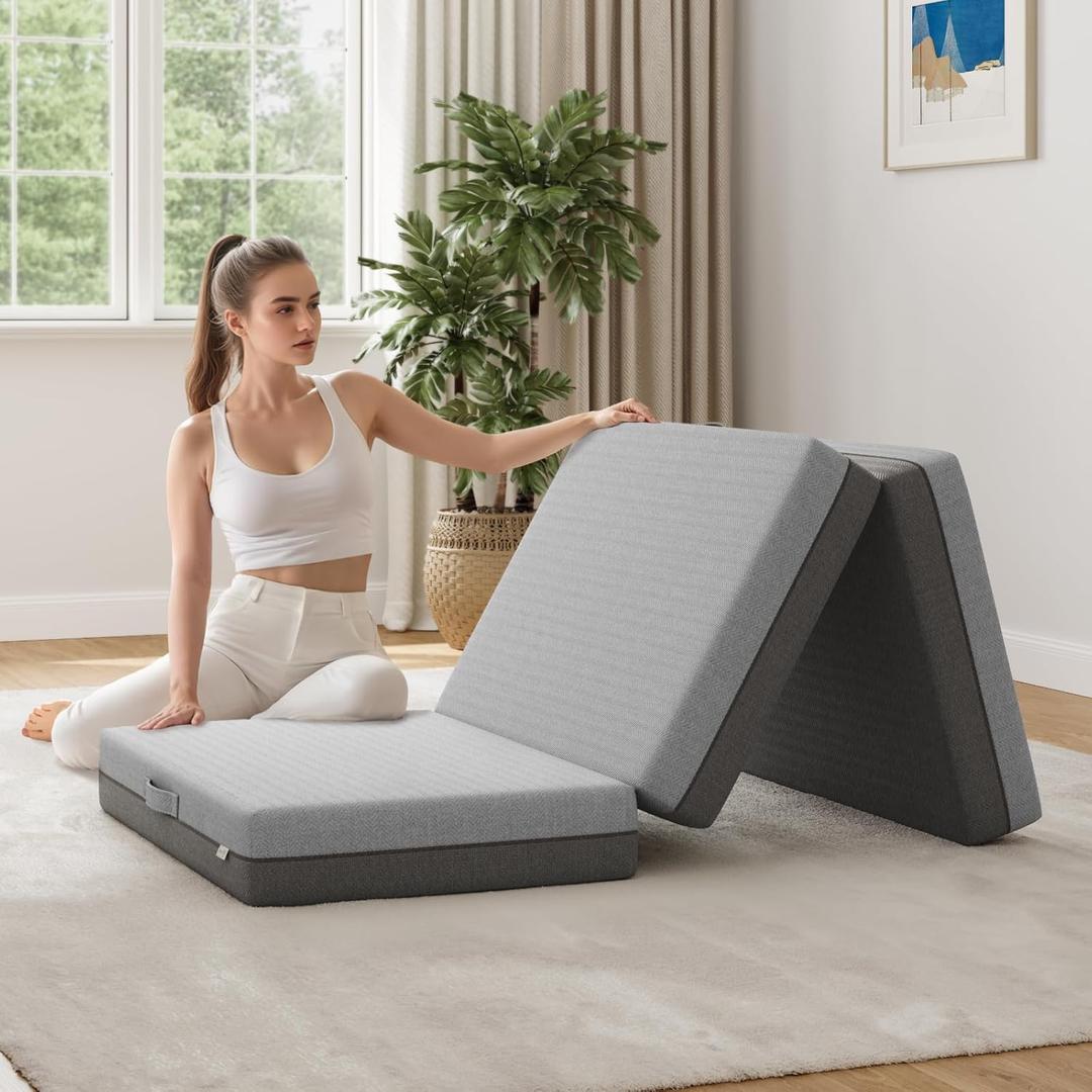 Tri-Fold Bamboo Memory Foam Mattress, 4 Inch Single Folding Mattress Topper with Washable Cover, Reversible Mat with Portable Storage Bag & Handle, Pressure Relief, Travel and Guest Pad (Small Single)