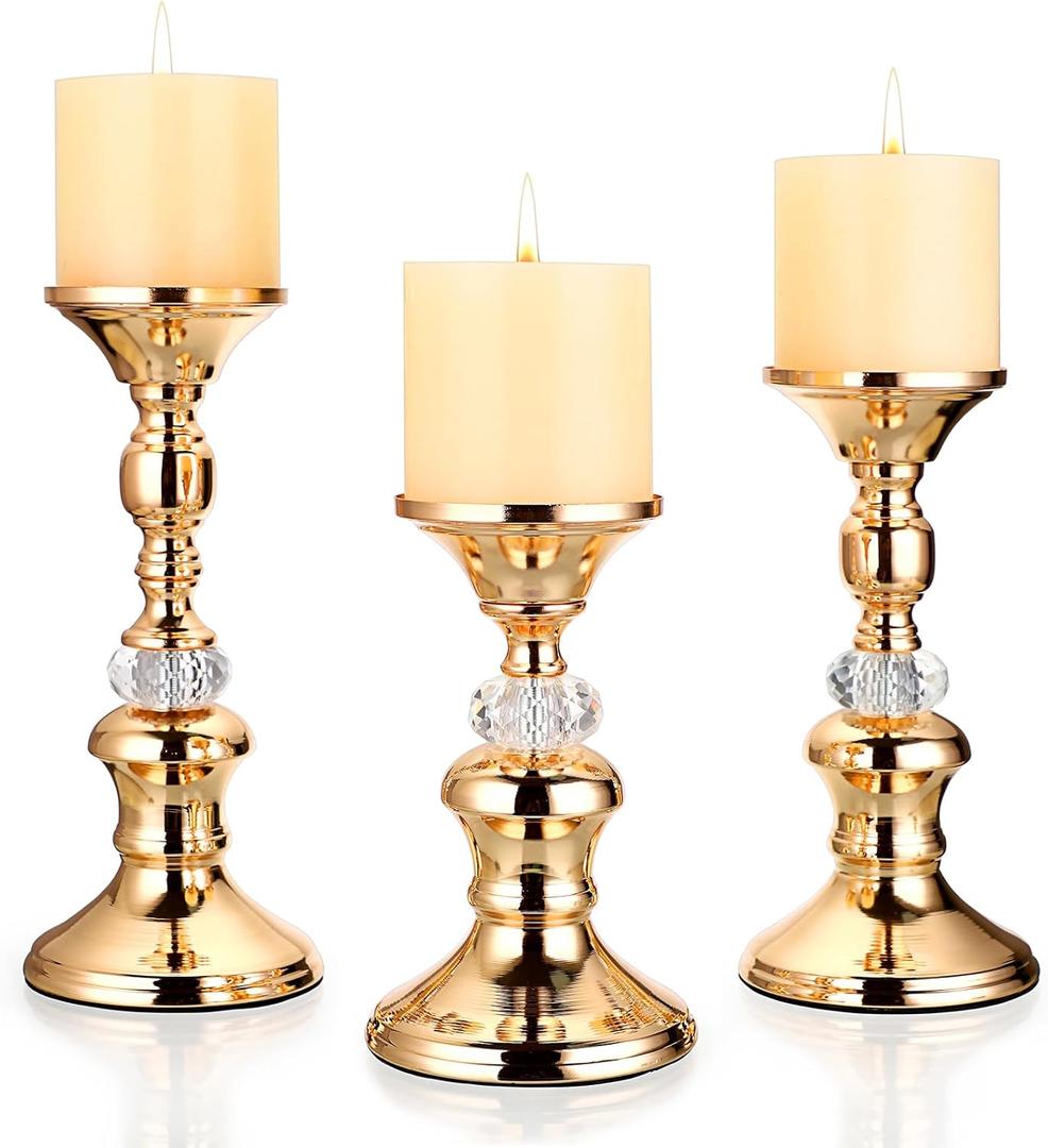 OwnMy Set of 3 Rose Gold Metal Pillar Candlestick Holders Brass Pillar Candle Holders for 3 Inch Candles, Elegant Metal Crystal Candle Stands for Dining Table, 6.7"+8.3"+9.3" Height Set
