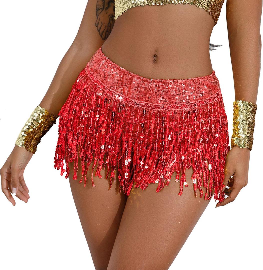 2 x Women Sequins Fringe Shorts Dance Skirt with Sparkly Tassels Halloween Rave Music Festival Bottoms (Red, L)