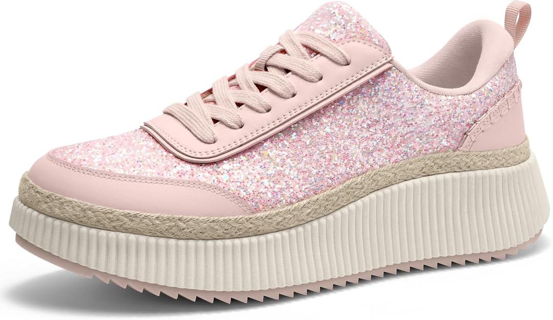 Women Espadrille Platform Sneakers Chunky Fashion Casual Shoes for Women Comfortable Walking Sneakers (7, Pink Glitter)