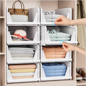 4 Pack Stackable Closet Organizer Box - Stackable Storage Bins, Plastic Storage Basket Foldable Closet Storage Basket for Wardrobe Cupboard Kitchen Bathroom Officem, White (4 Pack White)