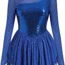 AFAVOM Sequin Figure Skating Dress for Women Long Sleeve Shiny Mesh Rhinestone Ice Skating Dress Ballet Lyrical Dancewear (Large, Royal Blue)
