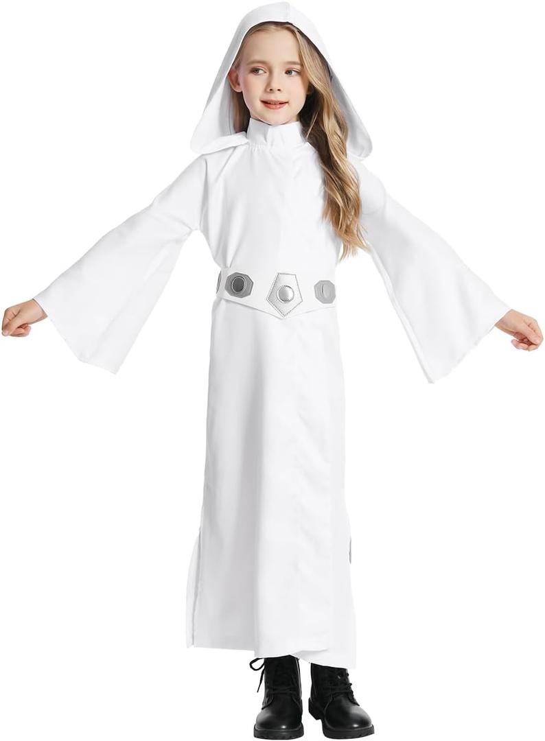 Kids Girls Princess Costume Halloween Deluxe Cosplay Dress with Belt (Medium, White)