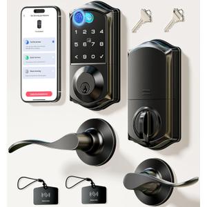 Veise VE017-L Fingerprint Smart Lock with Lever Handles, App Control, Keyless Entry Front Door Lock Set, Electronic Digital Keypad Deadbolt, Remote Grant, Emergency Power Port, Auto Lock, Matte Black
