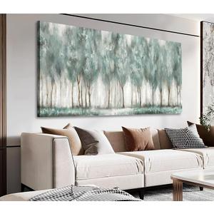 NINEASO Abstract Forest Canvas Wall Art - Grey Teal Foggy Trees Pictures Abstract Misty Woods Wall Decor Modern Botanical Painting Print Artwork for Living Room Bedroom Home Office Decor 29" x 58"