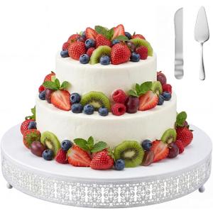Wenqik White Cake Stand 18 Inch Metal Round Cupcake Dessert Wedding Cake Stand with Cutting & Spatula Cookies Display Holder Fruit Serving Tray for Table Wedding Birthday Anniversary Party