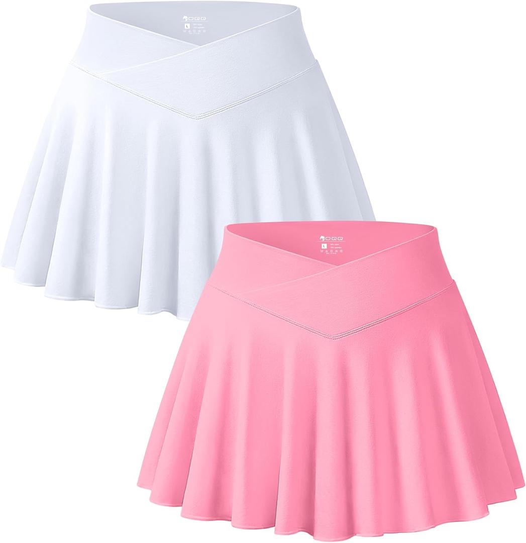 OQQ Women 2 Piece Mini Skirts 2 in 1 Flowy Sexy Basic Stretchy Cross Over Flared Casual Skirts White Candypink, Large
