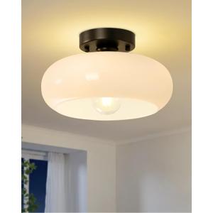Yunnix Semi Flush Mount Ceiling Light, Black Light Fixture, Mid-Century Modern Farmhouse Milk Glass Small Light Fixtures for Hallway, Bathroom, Kitchen, Bedroom, Living Room, Closet(8.66 Inch)
