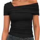 Darong Women's Summer Short Sleeve One Off The Shoulder Top Ruched Going Out Tops Slim Fit Y2K Shirt (S)