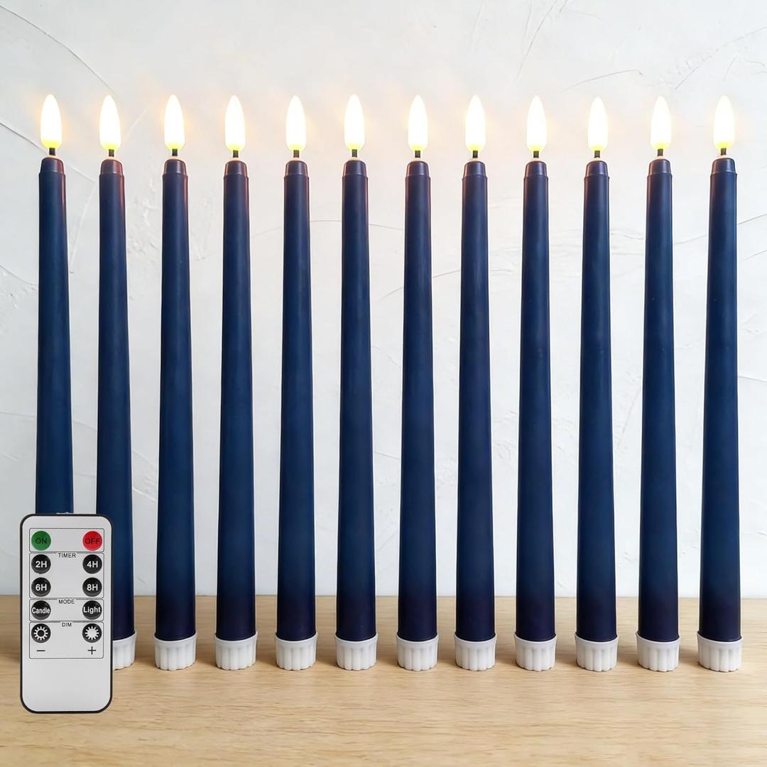 Navy Blue Flameless Taper Candles with Remote Timer, Flickering Battery Operated LED Candlesticks Home Decor Set of 12