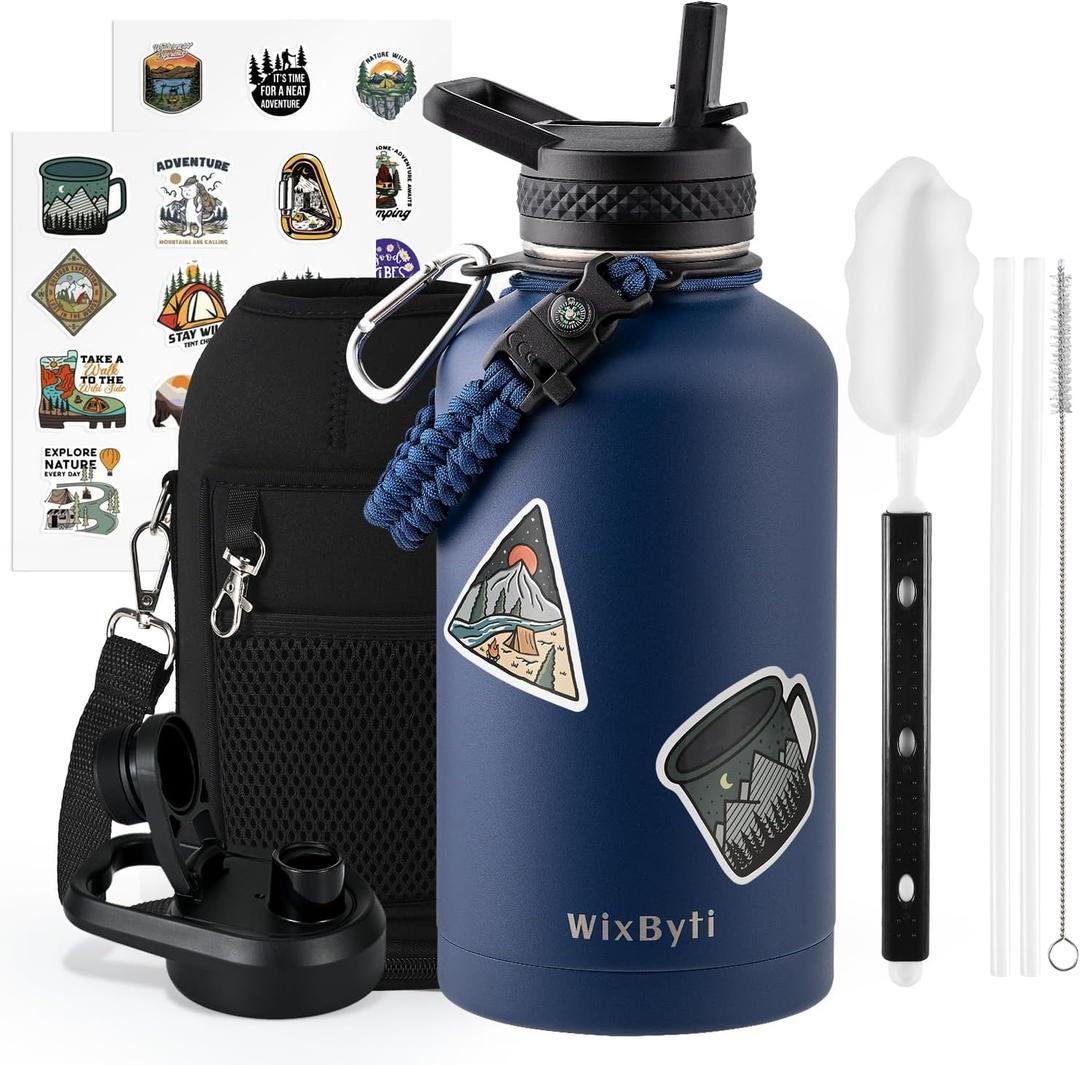 WixByti 64 oz Insulated Water Bottle with Straw (Cold for 48 Hrs), Half Gallon Stainless Steel Triple Wall Vacuum Sports Water Jug, Leakproof Hydro Cup Flask with Straw Spout Lids & DIY Stickers