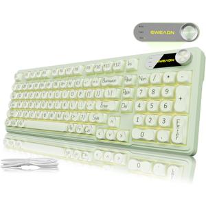 EWEADN V102 Wired Keyboard, 98 Keys Creamy Gaming Keyboard with Number Pad, Display Screen & Media Knob RGB Silent Wired Cute Computer Keyboard for Laptop PC Gamer - Green