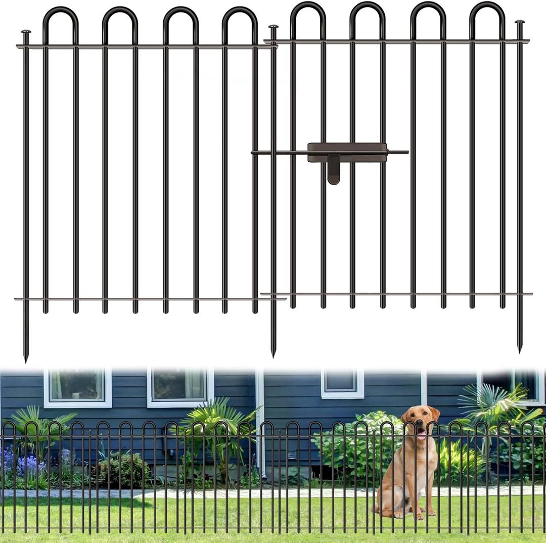 5 Panels Decorative Garden Fence with Gate, 32 in (H) x 10.8 ft (L) Metal Thick Tube No Dig Dog Fence Outdoor for Yard, Rustproof Tall Animal Barrier Fencing, Garden Edging Border for Yard, Patio