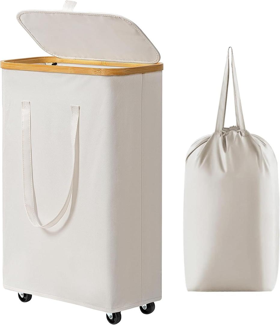 Chirslley 100L Large Laundry Basket with Wheels,Tall Laundry Hamper with Lid and Removable Liner Bag, Foldable Clothes Hamper Organizer with Bamboo Handles for Bathroom, Dorm, Bedroom, Beige